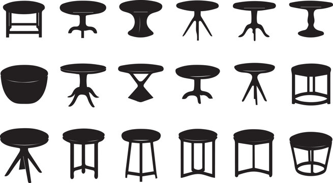 An extensive assortment of various small round tables and stools.