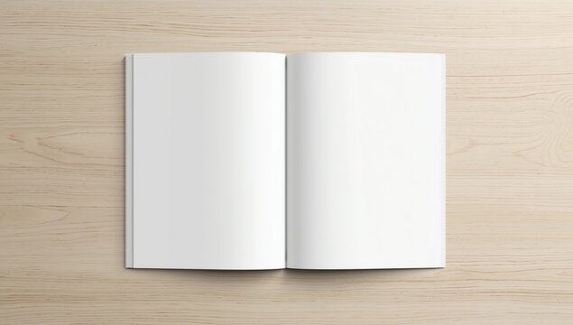 Blank open pocket book square-size, catalog magazine, brochure note mockup template paper texture copyspace on white pine wood desk table