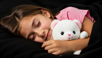 Dreamy Slumber: A peaceful little girl sleeps soundly under a soft blanket, clutching a cherished teddy bear, embodying comfort and the tranquility of a sweet dream.