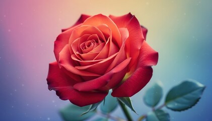 Crimson Rose's Delicate Dance: A captivating rose, bathed in a spectrum of vibrant colors, unfolds its petals in a mesmerizing display of nature's beauty.