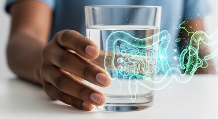 Diverse hand holding water with 3D gut microbiome overlay