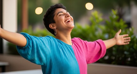 Uninhibited Joy: Person laughing freely outdoors