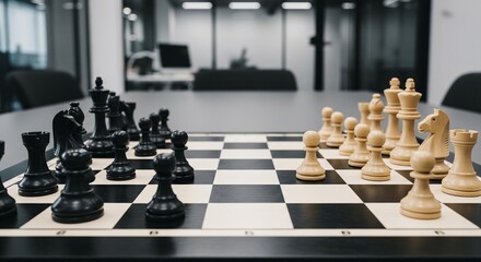 Chessboard on Meeting Table with Blurred Business Background