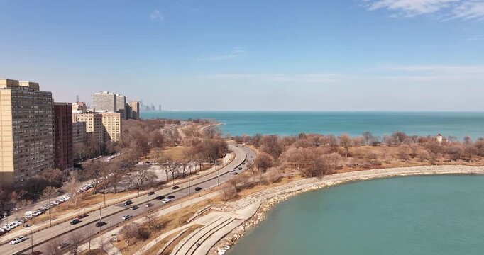 4k Aerial Drone Footage of Downtown Chicago Along Lake Michigan Near Museum of Science and Industry
