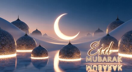 Eid al-adha celebration under a winter moonlit sky with illuminated mosque domes