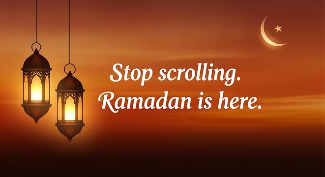 Beautifully illustrated Ramadan greeting featuring glowing lanterns and a crescent moon against an evening sky background signifying the holy month has arrived