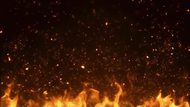 Slow motion burning embers floating upward with warm orange glow, cinematic fire particle background for cozy winter ambience, holiday visuals and dramatic VFX overlays.