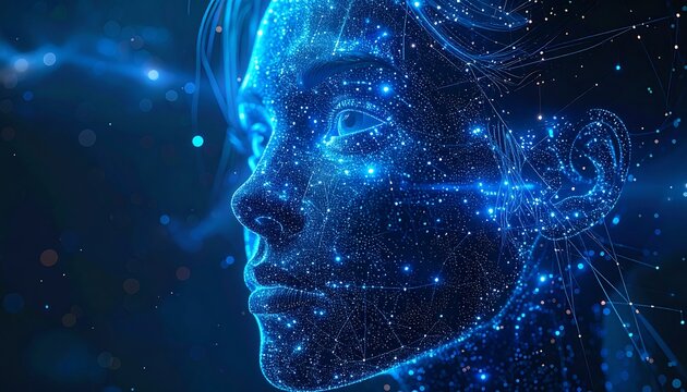 A futuristic digital portrait of a woman's face made of glowing blue lines