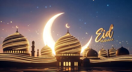Celebrating the serene beauty of eid under illuminated mosque domes and crescent moon