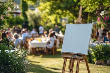 Outdoor Garden Party with Empty Canvas on Easel and Guests Dining Under Green Trees