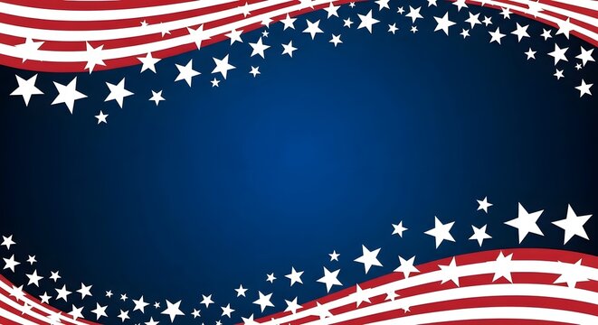 American patriotic background with wavy red and white stripes and white stars on blue