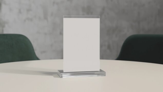 white label in cafe. display stand for acrylic tent card in coffee shop. mockup menu frame on table in restaurant.
