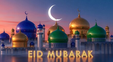Celebrating the festive atmosphere of eid mubarak with illuminated mosque domes at dusk