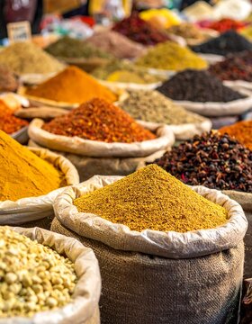 Sacks of assorted spices and herbs displayed at a market stall, colorful and piled high in textured containers
