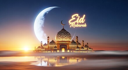 Eid mubarak celebration under a moonlit sky with stunning mosque architecture