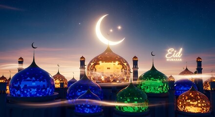 Celebration of eid under a moonlit sky with illuminated mosques and festive lights