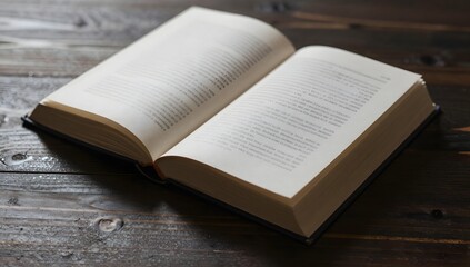Fototapeta premium Open book rests on a weathered wooden surface in soft light