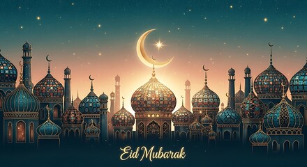 Eid al-adha celebration with illuminated mosque skyline under the crescent moon