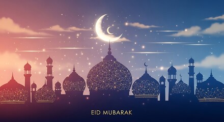 Majestic skyline of illuminated domes and minarets under a crescent moon at nightfall