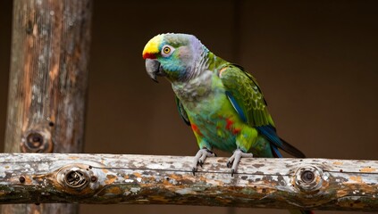 Obraz premium Colorful lilac-crowned amazon parrot perched on a wooden branch in the wild