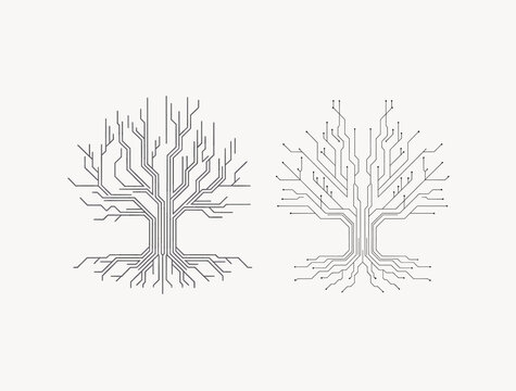 Minimalist digital circuit board tree vector illustration representing artificial intelligence technology