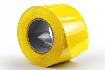 Bright yellow glossy adhesive tape roll on white isolated background