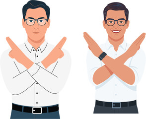 Professional male business employee characters making a cross gesture with arms and fingers, flat vector illustration isolated on white