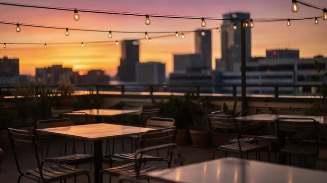 Sunset view from a hostel rooftop terrace with empty outdoor tables string lights creating a festive glow and the city skyline softly blurred beyond.