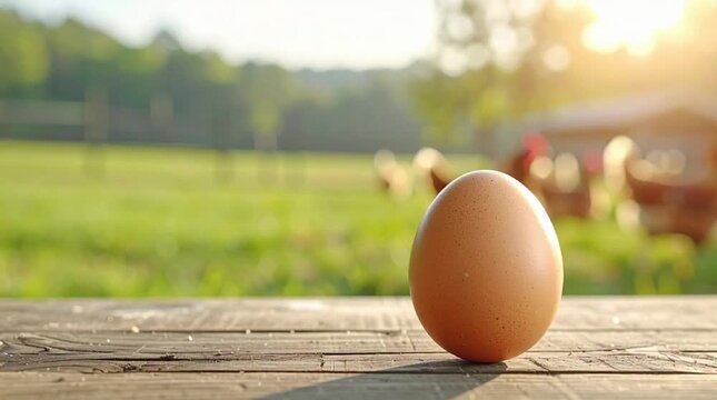 Single Organic Brown Egg on Wooden Table with Free Range Chickens Background