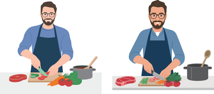 Professional male chef characters wearing aprons cooking in the kitchen cutting fresh vegetables and meat flat vector illustration