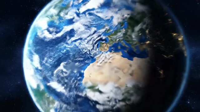 Close-up view of Earth from space with Africa and Europe visible, showcasing blue oceans, white clouds, and land masses against a dark background.