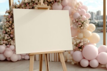 Blank White Canvas on Wooden Easel Decorated with Pink and White Balloons and Flowers at Celebration Event