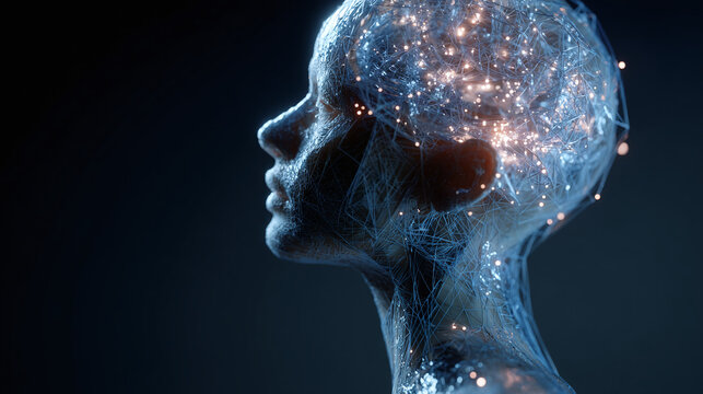 A close-up view of an intricate glowing brain inside a human head, illuminating thought processes