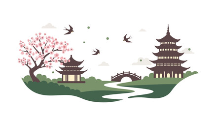 Asian landscape with pagodas cherry blossoms and birds in flight