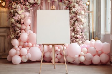 Empty White Canvas on Wooden Easel in Elegant Pink Flower Decor Room