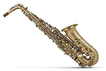 Golden brass saxophone musical instrument on isolated white background