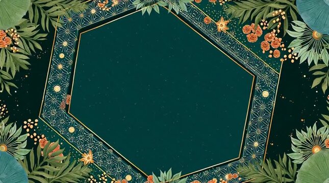 Dark Green Hexagon Frame with Lush Tropical Foliage and Golden Accents.