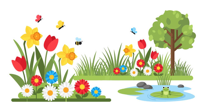 Cartoon spring scene with colorful flowers butterflies and a small pond
