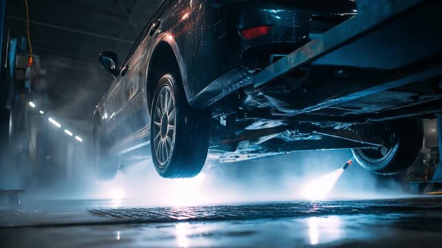Medium shot of a cars underbody being cleaned with a highpressure wash effectively removing salt and grime buildup from the vehicles frame.