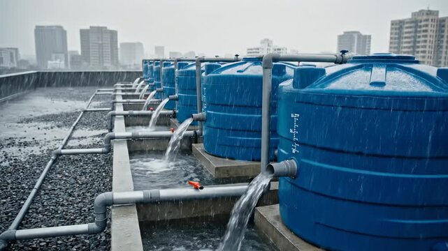 Rainwater harvesting system with multiple blue tanks and metal piping on a rooftop during a rainstorm with cityscape in background.