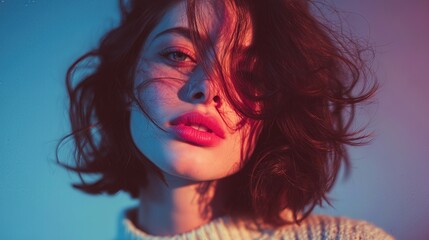 Portrait of young woman with tousled hair and red lips.