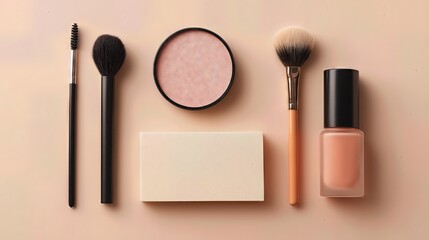 Makeup brushes, powder, and bottle arranged on pastel background.