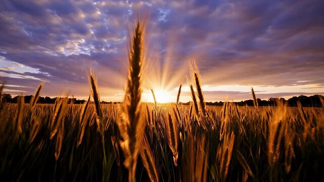 Golden Wheat Field Sunrise Sun Rays Through Stalks.