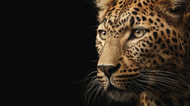 Portrait of leopard on black background with sharp detail and soft light.