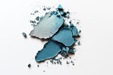 Shimmer blue eyeshadow fragments and powder spread on white surface