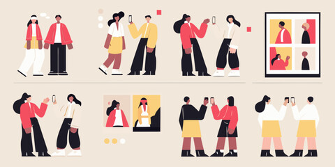 Stylized illustration depicting diverse people interacting through video calls and in person