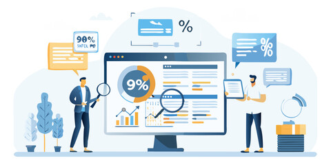 Data analysis illustration showing percentages charts and graphs with a person using a magnifying glass