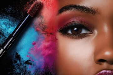 Vivid artistic makeup with colorful powder explosion in blue and red near eye and brush
