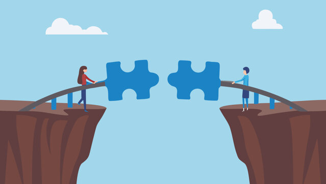 Two figures connect puzzle pieces over a chasm symbolizing collaboration and bridging gaps