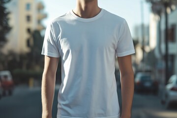 Man wearing white t-shirt standing on a city street in daylight